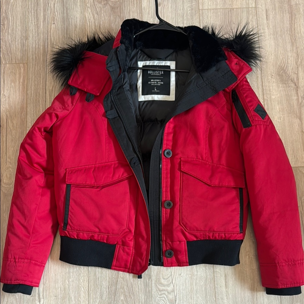 Hollister Puffer Jacket in Red with Black Accents